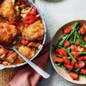 MAIN: Crispy chicken and sausages with pickled peppers