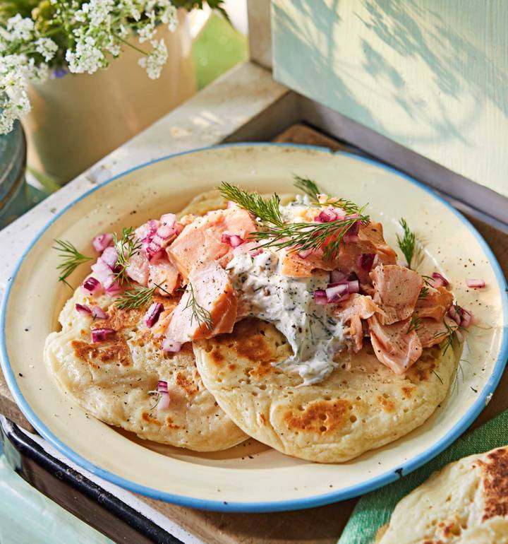Pikelets with smoked trout and a horseradish caper crème fraïche