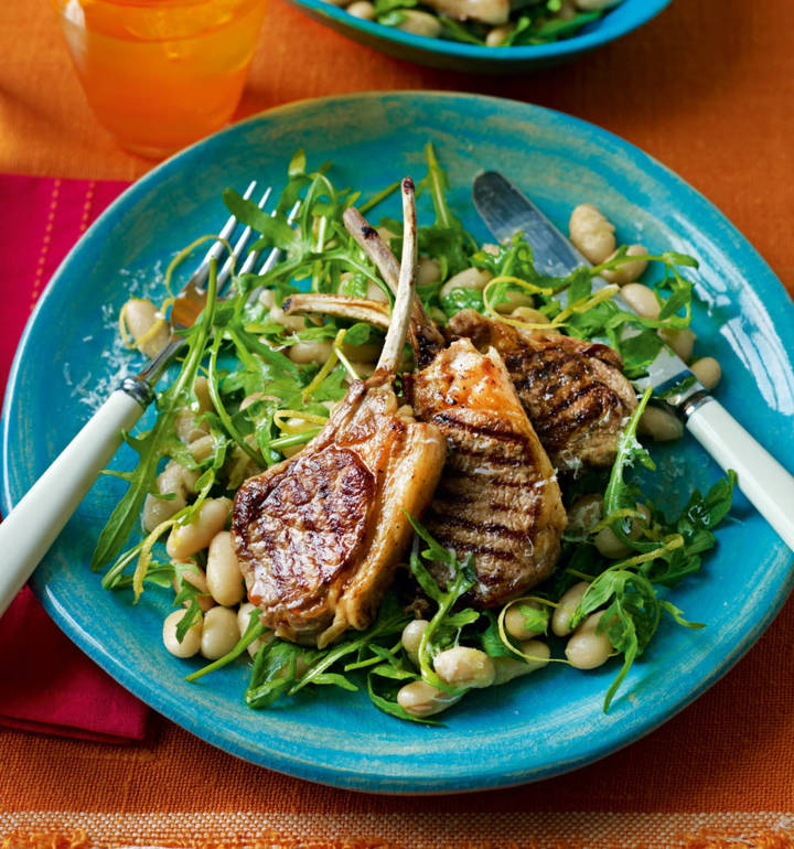 Lamb cutlets with cannellini beans and Parmesan dressing