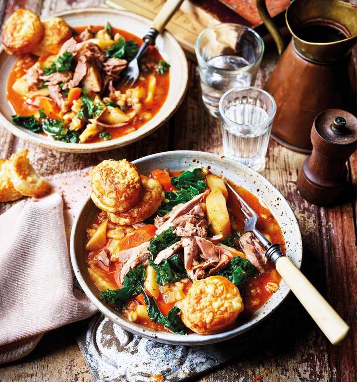 Roots, barley and lamb cawl with cheddar puffs