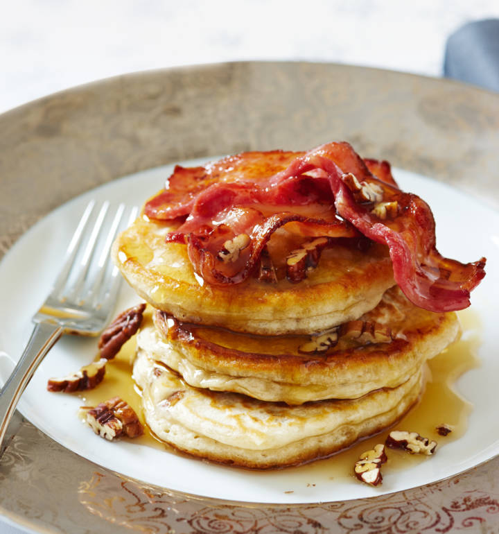 Banana pecan pancakes with crispy bacon