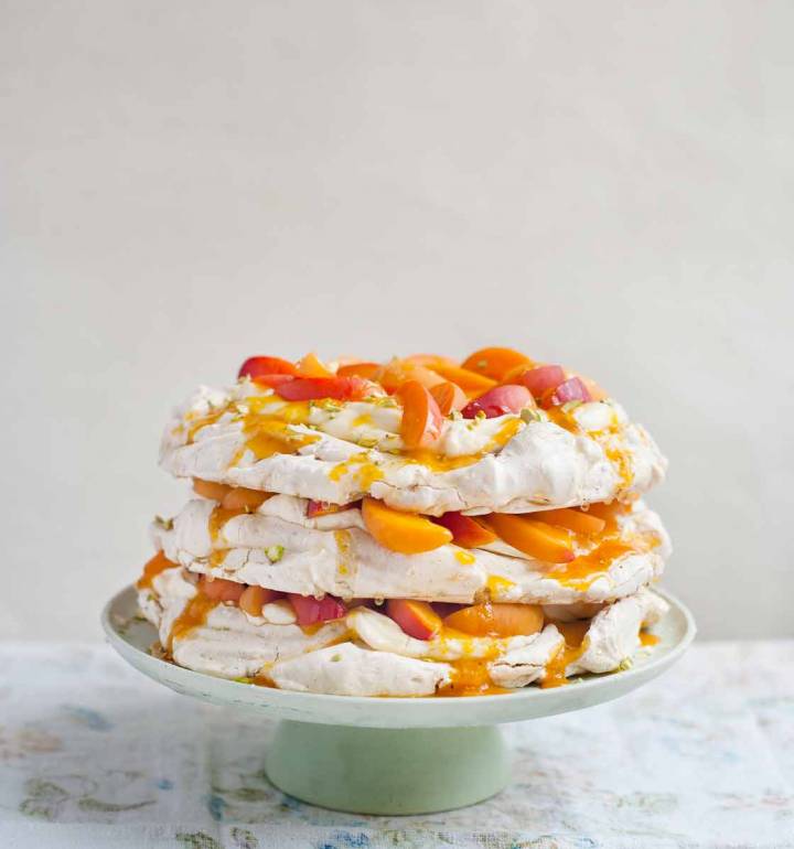 Pistachio and apricot meringue layer cake