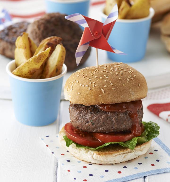 Caramelised red onion burgers and potato wedges
