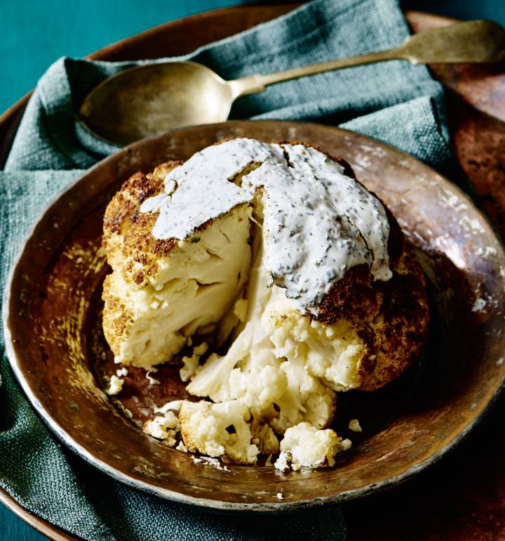Moroccan-spiced roasted cauliflower with a yogurt-mint dressing