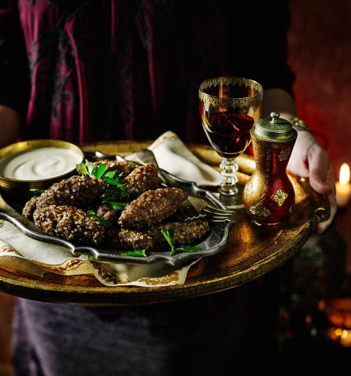 Lamb kibbeh stuffed with mozzarella and pine nuts