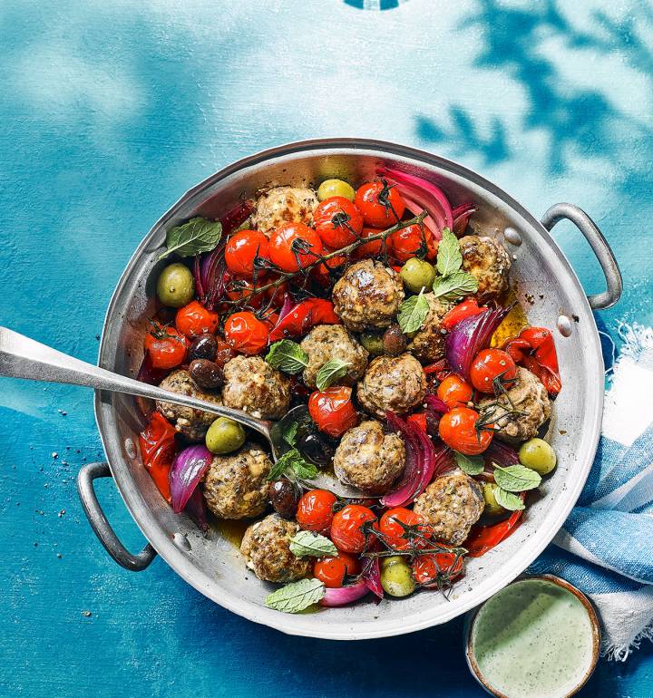 Greek meatball traybake