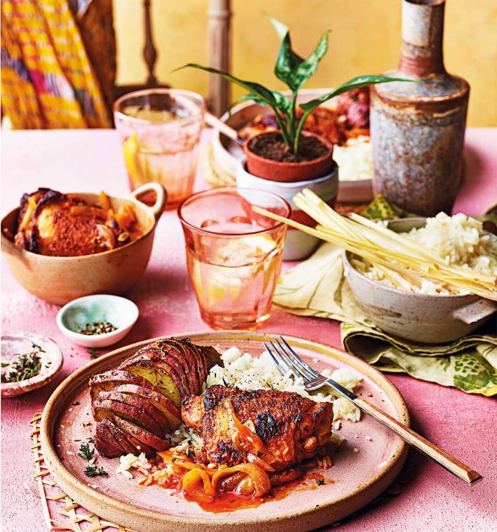 Chicken yassa with hasselback sweet potato