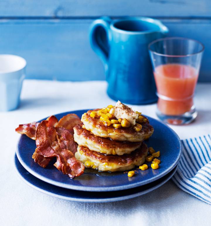 Sweetcorn ricotta pancakes with sweet crispy bacon