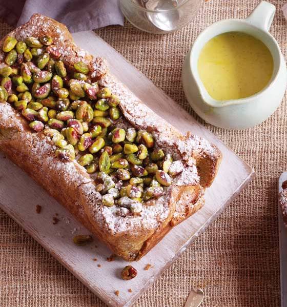 Pistachio cake with creme anglaise