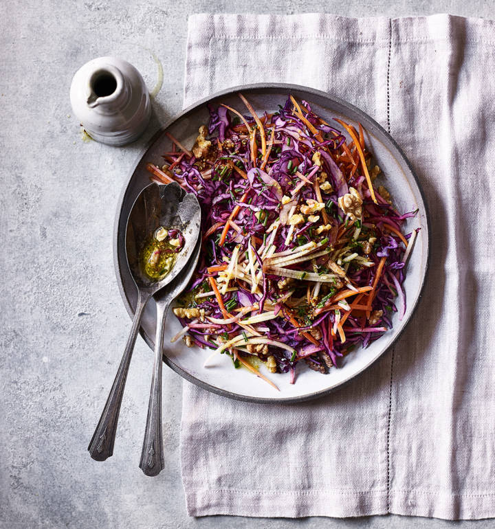 Red cabbage, apple and walnut slaw