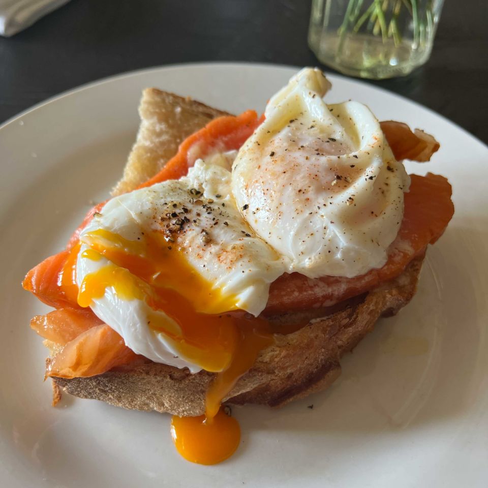 Poached eggs with smoked trout on sourdough