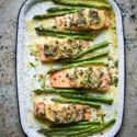 SALMON TRAYBAKE WITH LEMON BUTTER ASPARAGUS